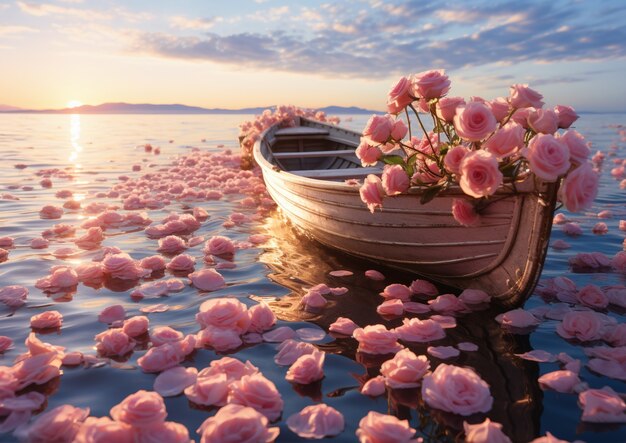 Veduta di una barca sull'acqua con dei fiori