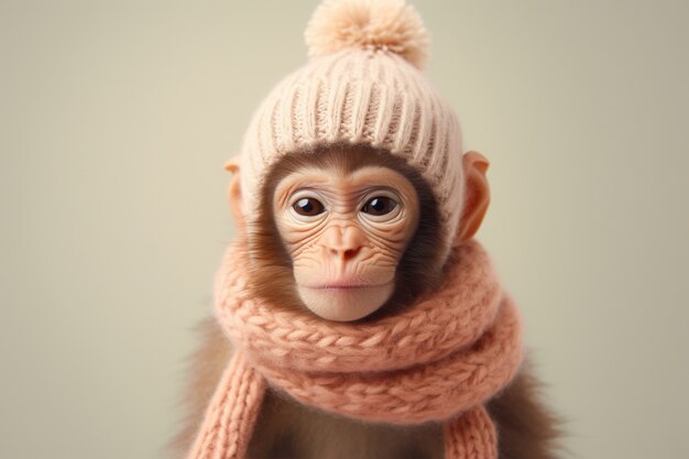 Veduta di una scimmia divertente con un cappello da crochet