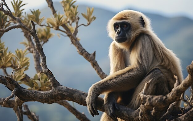 Veduta di una scimmia gibbone selvaggia sull'albero