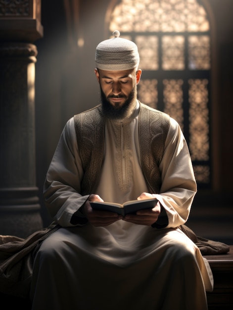Veduta frontale dell'uomo islamico che legge