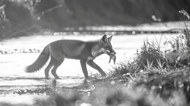 Veduta in bianco e nero della volpe selvatica nel suo habitat naturale