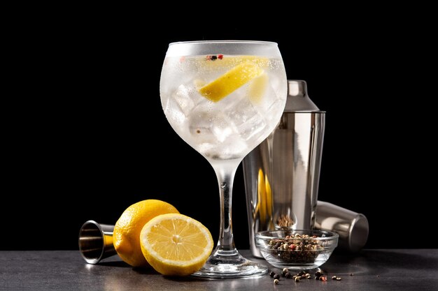 Versare la bevanda gin tonic in un bicchiere