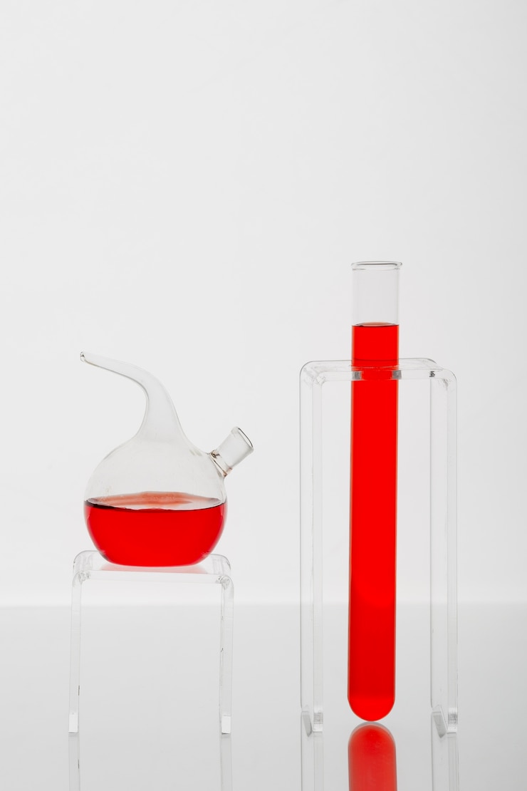 Foto gratuito vetreria da laboratorio con liquido rosso