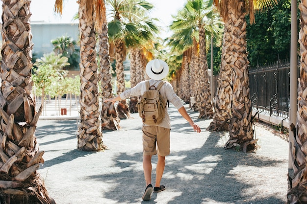 Viaggiatore a piedi attraverso palme