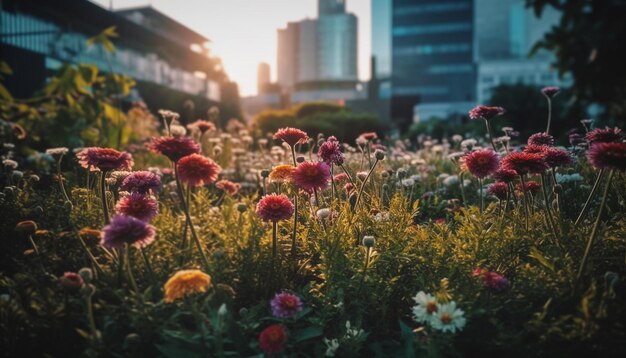 Vibranti fiori selvatici sbocciano in un tranquillo paesaggio di prati generato dall'intelligenza artificiale