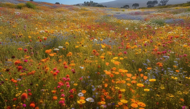 Vibranti fiori selvatici sbocciano in una tranquilla scena di prato generata dall'intelligenza artificiale