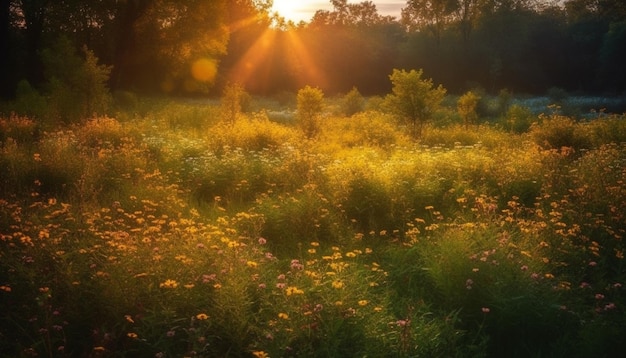 Vibranti fiori selvatici sbocciano in una tranquilla scena di prato generata dall'intelligenza artificiale