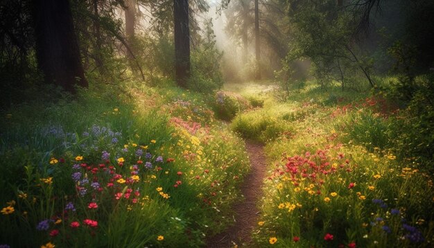 Vibranti fiori selvatici sbocciano nel tranquillo prato della foresta all'alba generati dall'intelligenza artificiale