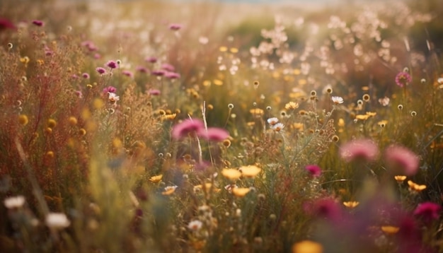 Vibranti fiori selvatici sbocciano nel tranquillo tramonto del prato generato dall'intelligenza artificiale