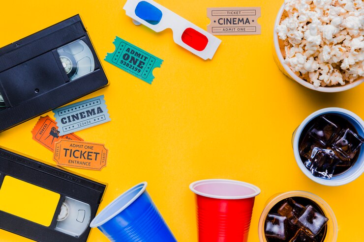 Foto gratuito videotape con occhiali 3d e biglietti del cinema