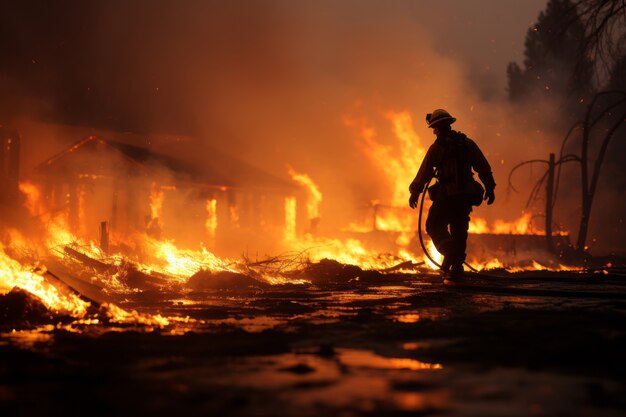 Vigile del fuoco che cerca di contenere l'incendio boschivo