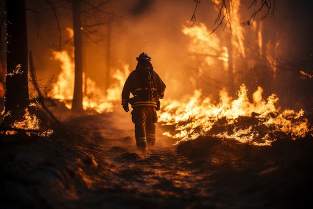 Vigile del fuoco che cerca di contenere l'incendio boschivo