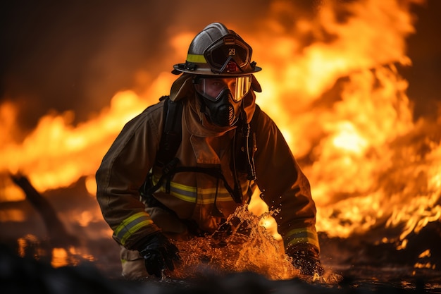 Vigile del fuoco che cerca di contenere l'incendio boschivo