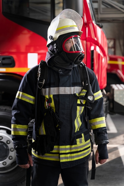 Vigile del fuoco in stazione dotato di tuta protettiva e maschera antincendio