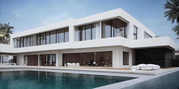 Villa con piscina di lusso spettacolare design contemporaneo arte digitale casa immobiliare casa e proprietà Illustrazione di intelligenza artificiale generativa