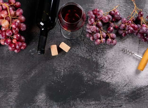 Vino rosso di vista laterale con l'uva e lo spazio della copia sull'orizzontale di pietra nero