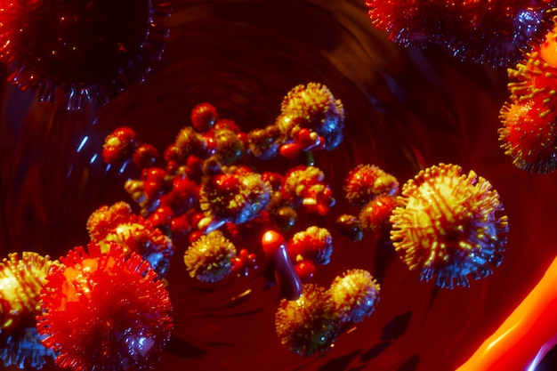 Virus patogeno o cellula batterica nel flusso sanguigno. Pandemia globale di coronavirus. Rendering 3D