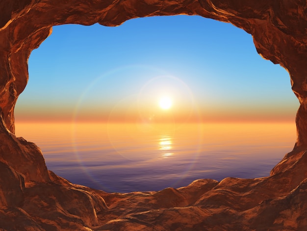 Vista 3D da una grotta che guarda verso un oceano tramonto