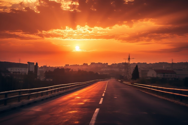 Vista 3D del sole sul cielo con la strada dell'auto