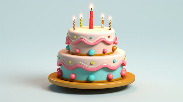 Vista 3d della torta dall'aspetto delizioso con candele accese