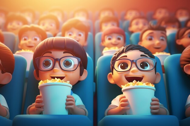 Vista 3D di bambini che guardano un film al cinema