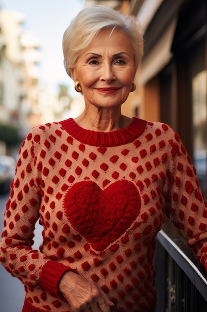 Vista a forma di cuore sul maglione indossato dalla donna