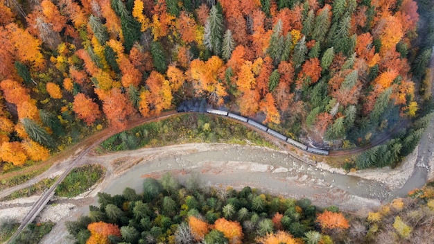 Vista aerea del drone del treno a vapore in movimento Mocanita in una valle lungo un fiume ricoperte di colline