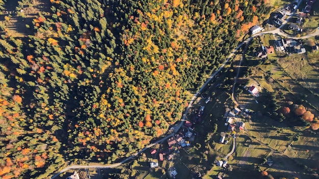 Vista aerea del drone della natura in Romania Villaggio dei Carpazi in una valle coperta di colline