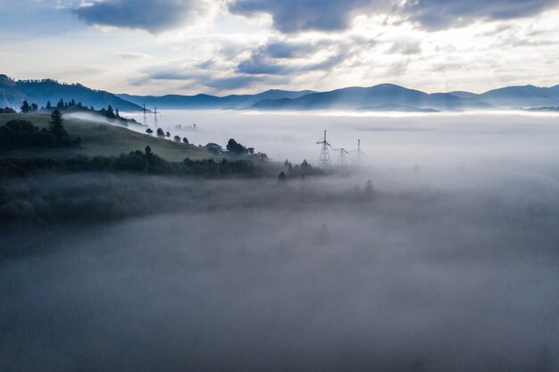 Vista aerea della foresta mista variopinta avvolta nella nebbia di mattina un bello giorno di autunno