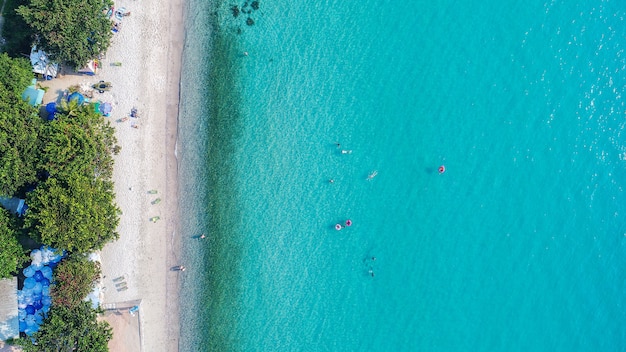 Vista aerea della spiaggia di sabbia con i turisti che nuotano.