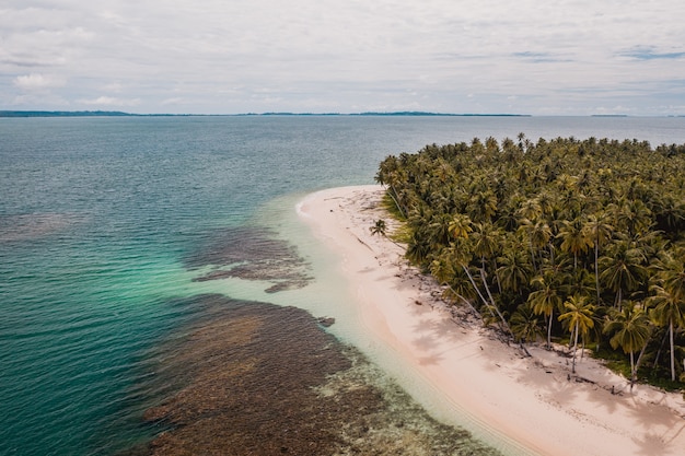 Vista aerea di una bellissima spiaggia tropicale con sabbia bianca e acque cristalline turchesi in Indonesia