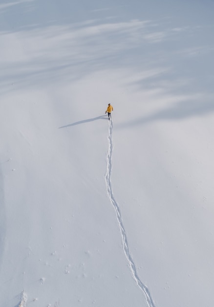 Vista aerea di una persona che cammina in un campo coperto di neve