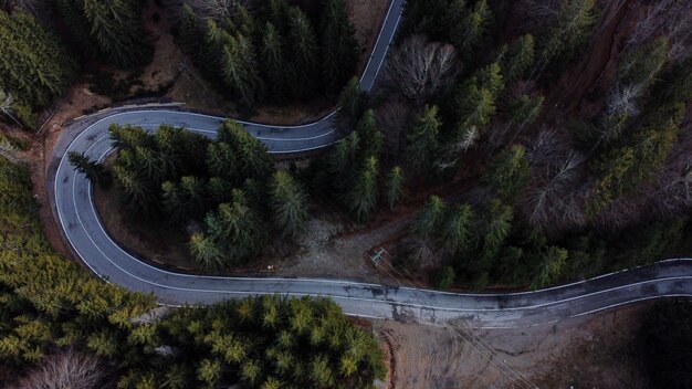 Vista aerea di una strada curva in una campagna