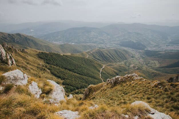 Vista aerea di una strada di campagna che passa attraverso gli alberi e le montagne