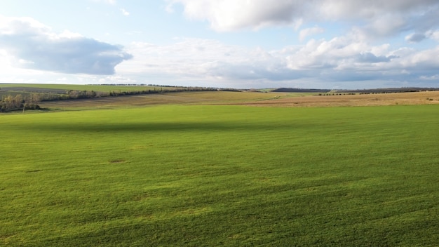 Vista aerea drone della natura in Moldova, campi seminati, alberi in lontananza, cielo nuvoloso