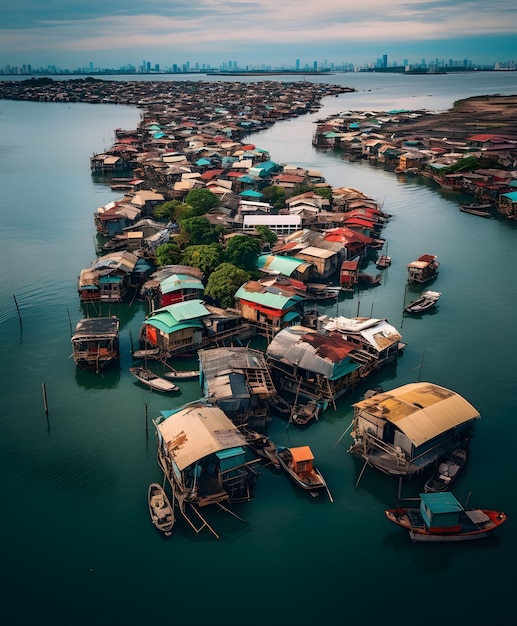 Vista aerea sulla città dall'acqua