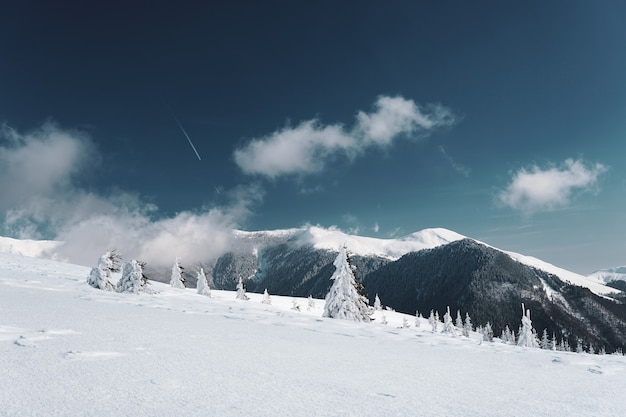 Vista affascinante delle montagne carpatiche coperte di neve in Romania