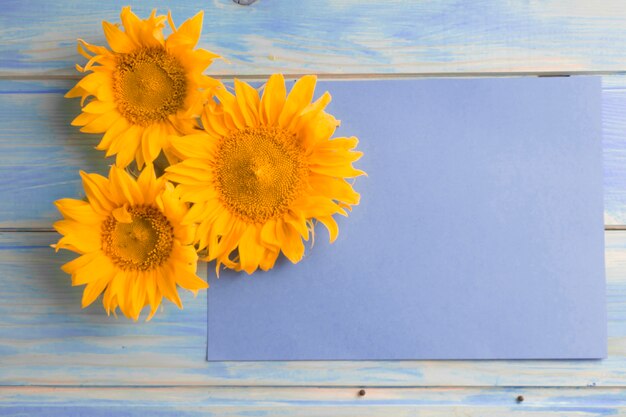 Vista ambientale dei girasoli gialli su carta in bianco sopra la tavola di legno