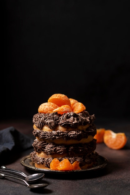 Vista anteriore del delizioso concetto di torta al cioccolato