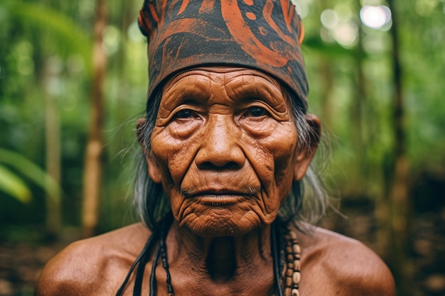 Vista anteriore donna anziana con forti caratteristiche etniche