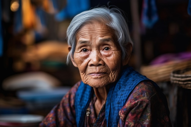 Vista anteriore donna anziana con forti caratteristiche etniche