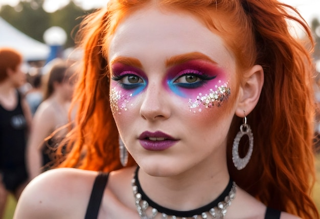 Vista anteriore donna con look festivo e trucco