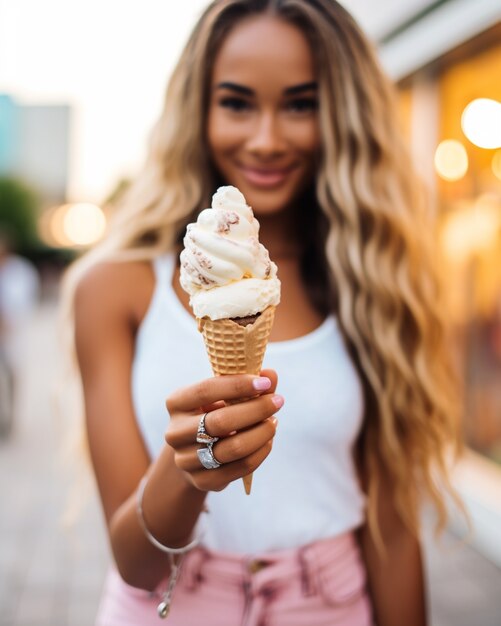 Vista anteriore donna con un delizioso gelato