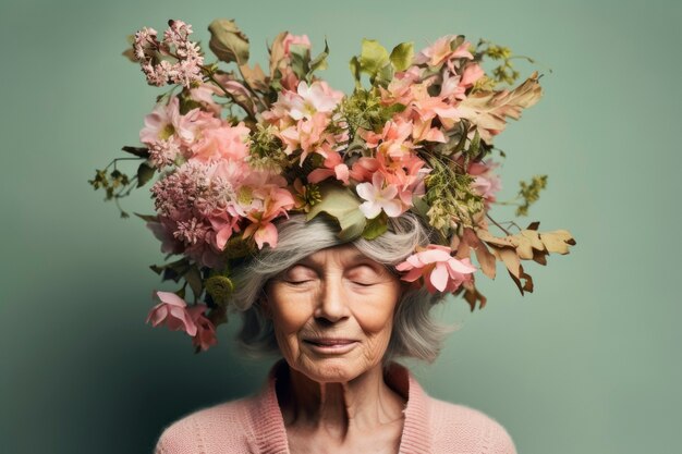 Vista anteriore vecchia donna che posa con bellissimi fiori