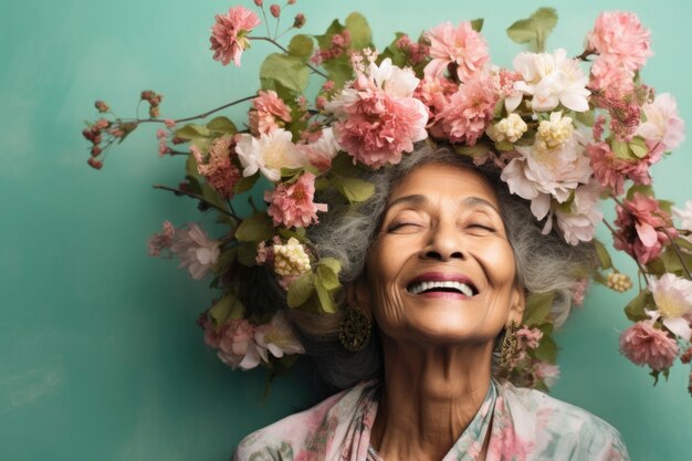 Vista anteriore vecchia donna che posa con bellissimi fiori