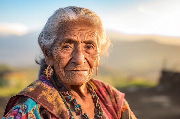Vista anteriore vecchia donna con forti caratteristiche etniche