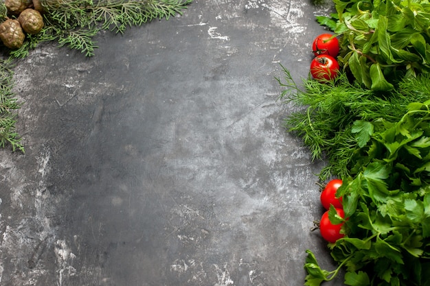 Vista dal basso verdi e pomodori su sfondo scuro copia spazio