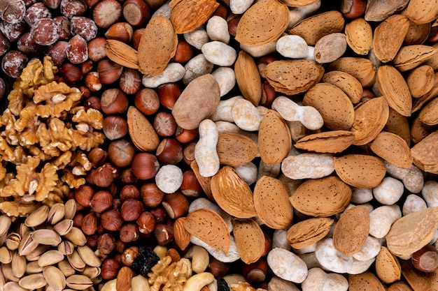 Vista dall'alto assortiti di noci e frutta secca con noci pecan, pistacchi, mandorle, arachidi, anacardi, pinoli. orizzontale