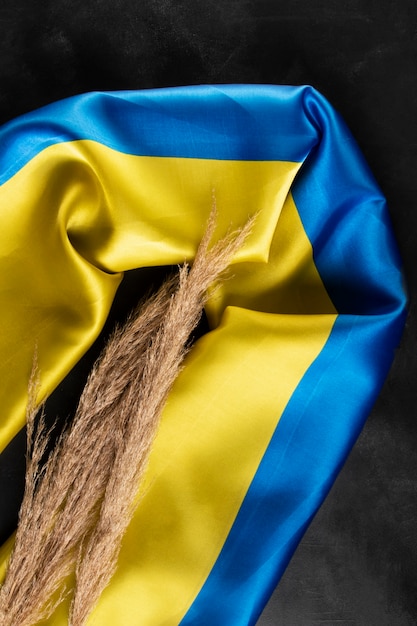 Vista dall'alto bandiera ucraina e grani ancora in vita