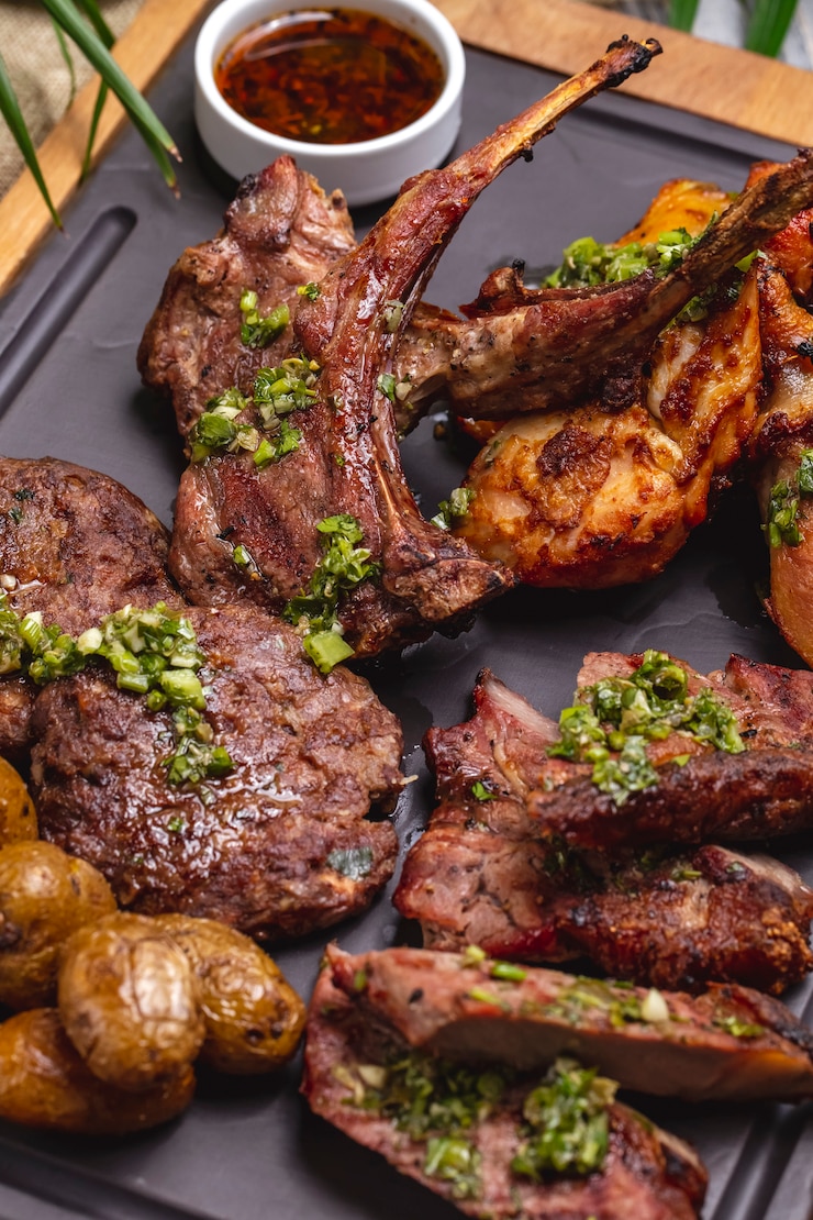 Foto gratuito vista dall'alto bistecca con costine fritte con pollo fritto e patate su una tavola con salsa